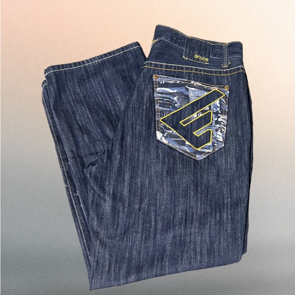 Enyce Clothing Company men’s denim, blue jeans, graphic design, baggy fit siz 38